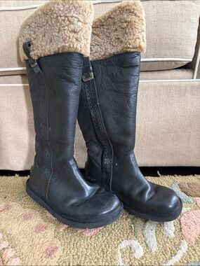 UGG Black Leather Fold-Over Shearling Riding Boots